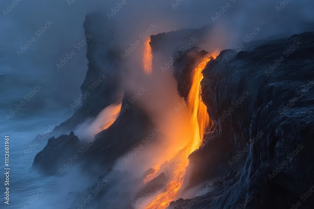 Poster lava flows down the cliff into the ocean, creating a lava waterfall. the dark night is illuminated b