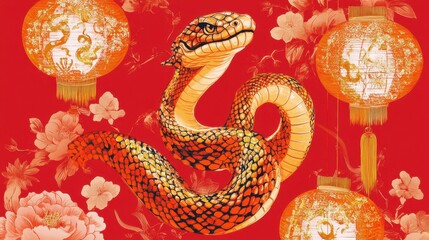 Obraz premium A vibrant red background adorned with a golden snake, intricate floral designs, and glowing lanterns for the Year of the Snake.