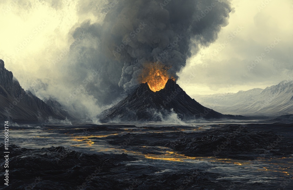 Poster black smoke rises from the top of an erupting volcano, and lava flows down into vast black deserts. 