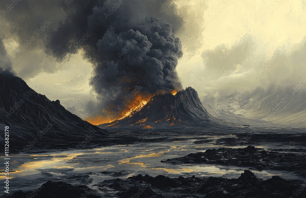 Poster a landscape with an erupting volcano, black smoke rising from the crater into the sky, lava and fier