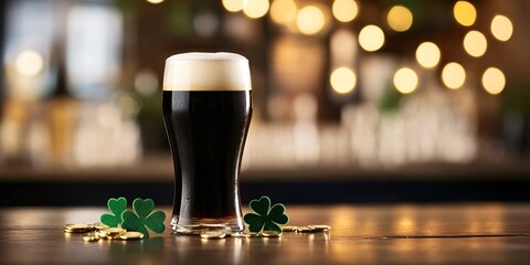 Dark irish stout beer glass with green shamrock decorations and golden coins on wooden table. St Patrick's day celebration background with bokeh lights. Bar atmosphere