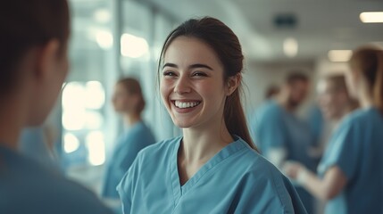 Smiling healthcare professional in scrubs engaging with colleagues in a modern hospital, demonstrating teamwork and care in a vibrant medical environment