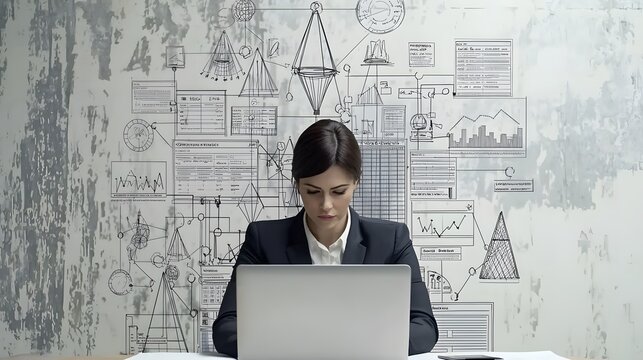 A person in a business suit seated at a desk with a laptop, their image blending with multilevel marketing structures, such as sales funnels and network analysis charts, capturing the essence 