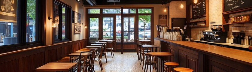 A cozy coffee shop interior featuring wooden furniture, warm lighting, and large windows showcasing a vibrant street view. Ideal for relaxing or socializing with friends.