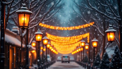 Snowy evening street lined with warm, glowing lanterns and festive lights.