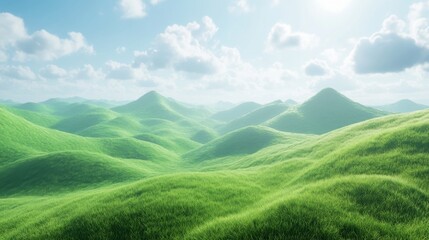 Fototapeta premium Lush Green Rolling Hills Under a Blue Sky with White Clouds