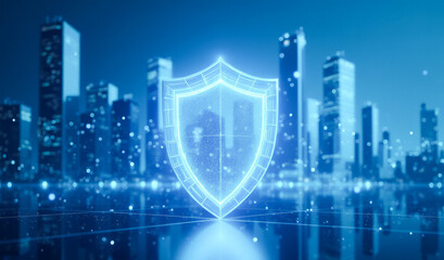 a glowing shield on the background of a megalopolis