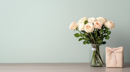 Fototapeta premium A bouquet of soft pink roses in a glass vase beside a wrapped gift on a wooden surface against a muted green wall.