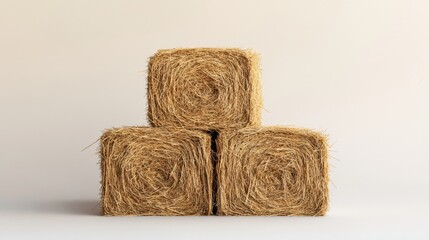 An artistic arrangement of square compressed straw bales against a plain white background, highlighting earthy tones.