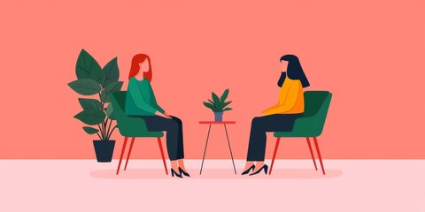 Two women having a conversation in a cozy setting, surrounded by plants, emphasizing connection and dialogue.