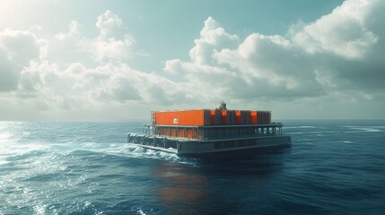 A futuristic cargo ship navigating tranquil waters under a bright sky, symbolizing advancements in maritime technology and global trade logistics for sea transportation.