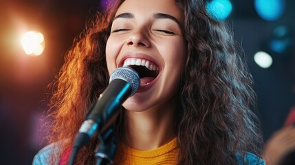 Happy young woman singing passionately into a microphone during a vibrant live performance on stage