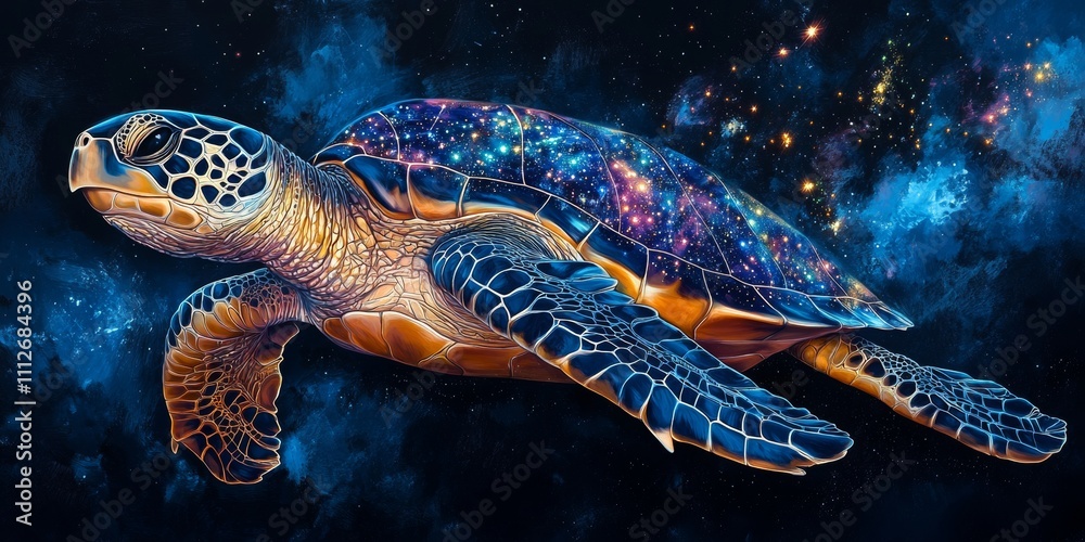 Wall mural celestial sea turtle, a majestic turtle adorned with constellation patterns on its shell gliding thr