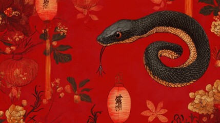 Obraz premium Artistic Year of the Snake celebration featuring a detailed snake, festive lanterns, and intricate floral patterns on red.