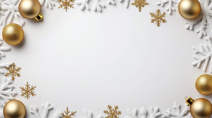 Fototapeta premium A festive border featuring gold ornaments and white snowflakes on a blank background, perfect for holiday-themed designs.