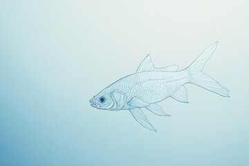 Wireframe fish model floating in blue space, digital concept, minimalistic.