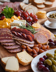 Charcuterie board with spread of meats, cheeses, and accompaniments on table