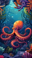 Obraz premium Octopus and beautiful underwater scenery, Underwater Scene with Incredible Commotion of an Octopus