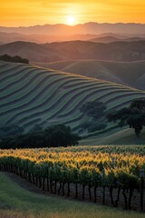 Fototapeta premium Sunset over rolling vineyard hills, vibrant colors