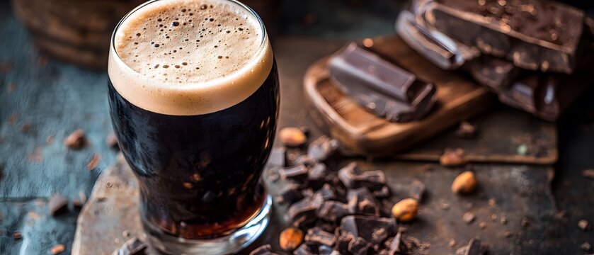 A rich glass of dark beer sits on a rustic table surrounded by chunks of chocolate, showcasing a delightful pairing for dessert lovers. Perfect for food photography enthusiasts.