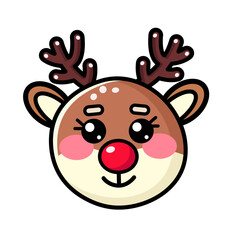 Kawaii Christmas deer with red nose vector clipart. Cute Christmas animal clipart of holiday character. Outline hand drawn deer vector illustration isolated on white background for baby, kids