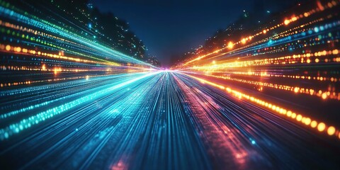 Urban night view showcasing vibrant light trails of vehicles moving through a cityscape