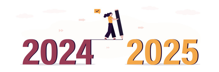 Business woman draws line from 2024 to 2025. Positive attitude and motivation for success and business growth in 2025 year, overcoming obstacles, solving unfinished tasks
