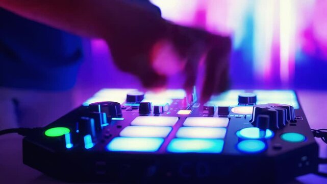 Beat maker operates an electronic DJ pad with colorful illuminated keys. Perfect for concepts involving music creation, technology, and digital soundscapes.