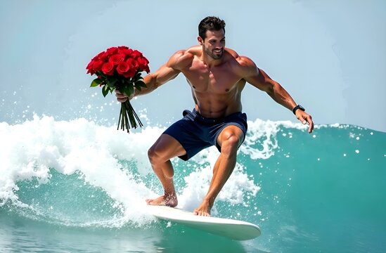 Muscular man holds a luxurious bouquet of red roses on a surfboard and rides a wave. Creative concept for fast flower delivery for the holidays. Promotions and discounts for the gift and flower shop - Powered by Adobe