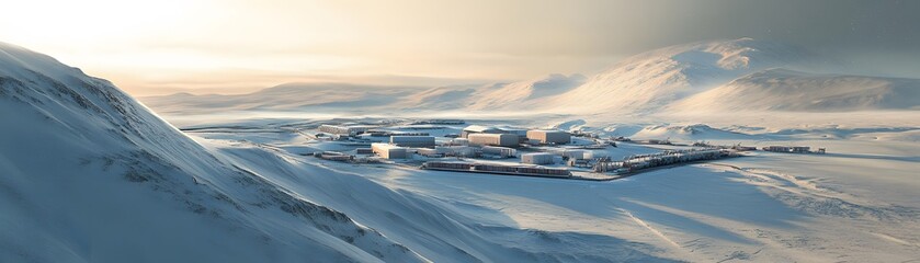A serene winter landscape depicting a small village nestled in snowy mountains, bathed in soft sunlight