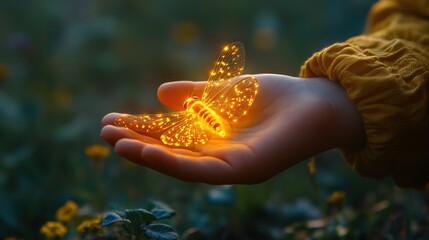 Glowing butterfly in child's hand at dusk.