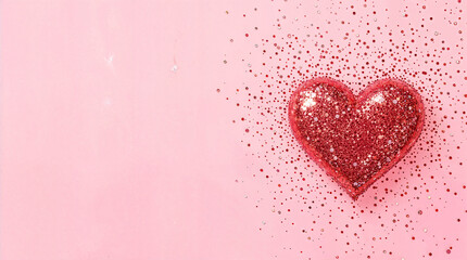 Red glitter heart on pink background with scattered glitter, for Valentine's Day cards, banners and advertisements, top view, copy space
