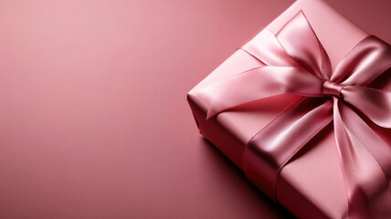 Elegant pink gift box with satin ribbon on blush background