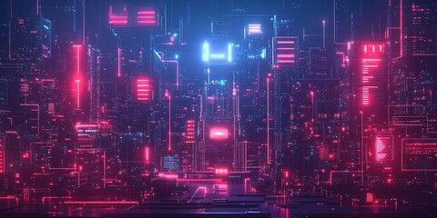 Fototapeta premium Digital cityscape with glowing neon lights at night showcasing futuristic architecture and technology