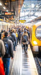 Commuters walking on platform at train station during rush hour