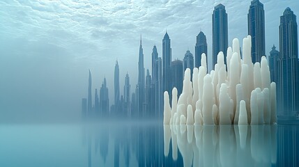 A close-up of a coral reef gradually turning white with a fading reflection of a city skyline above the ocean’s surface, symbolizing human-caused global warming and its direct effect on coral 