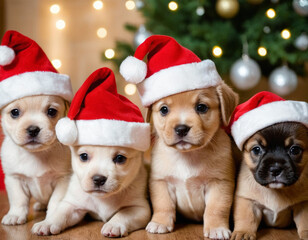 Festive Christmas background. Little breed puppies wearing Santa hats with Christmas tree in background