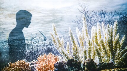 A close-up of a coral reef with vibrant colors transitioning into a white, bleached appearance. Superimposed in the background is a person gazing at the ocean, representing the human awareness 