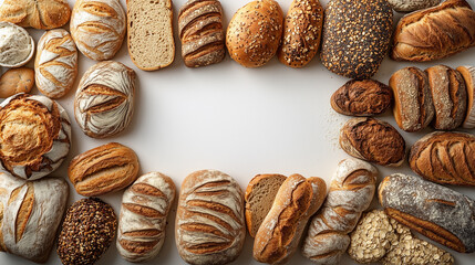 Different types of bread. Empty space in the center of the image is surrounded by different types of fresh bread. White background.
