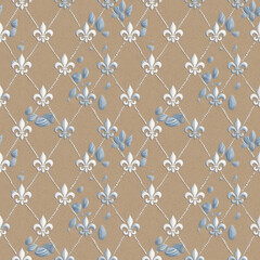 Fototapeta premium Wallpaper Pattern Fleur-de-lis motifs Fleur-de-lis with blue accents on beige diamond pattern background