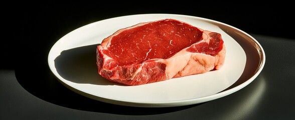 A raw ribeye steak rests on a white plate, showcasing its marbled texture and vibrant red color, set against a dark background.