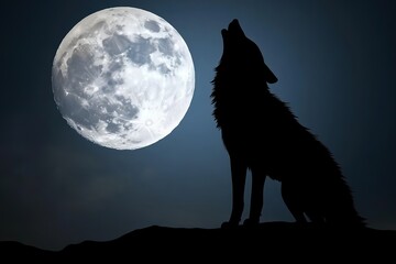 Silhouetted wolf howling at full moon on dark backdrop
