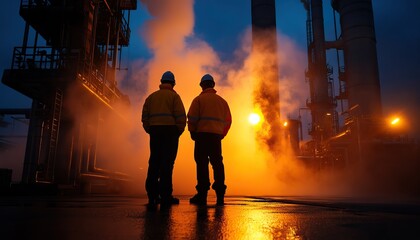 Fototapeta premium Two workers observe a fiery industrial backdrop, surrounded by steam and machinery, creating a dramatic atmosphere at dusk.