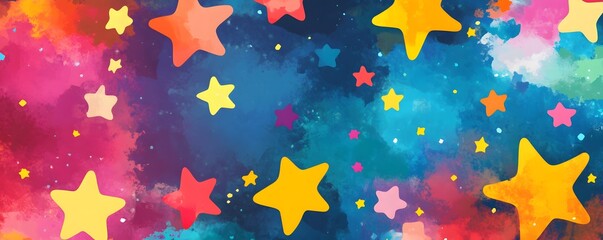 Fototapeta premium A vibrant watercolor background featuring colorful stars against a deep blue backdrop. Perfect for creative projects, invitations, or as digital paper for various designs.