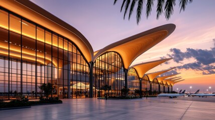 A modern airport terminal with sleek architecture, illuminated by sunset hues, surrounded by palm trees and planes, showcasing contemporary design.
