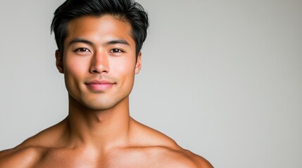 Obraz premium Asian young man with luminous, dewy skin looking effortlessly radiant on a seamless white background for beauty ads.