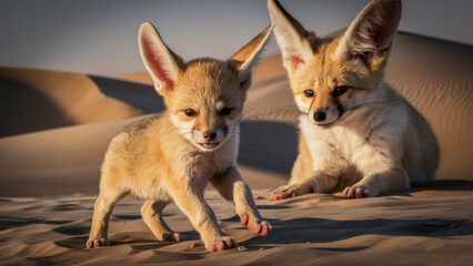 A newborn fenek fox puppy with huge ears and soft sandy fur takes its first steps in the desert under the watchful supervision of its mother.