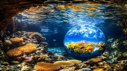 A surreal, dreamlike image of a world submerged underwater, overlaid with a vibrant, healthy coral reef. The image evokes a sense of nostalgia and longing for a pristine planet. Double Exposure.[Globa