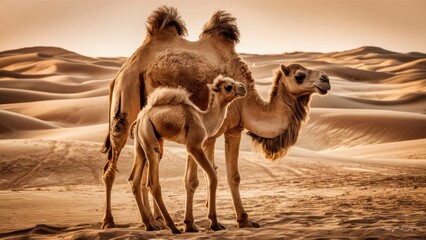 A baby camel with its fluffy coat standing wobbly next to its mother in the vast desert landscape, with golden dunes stretching into the horizon.