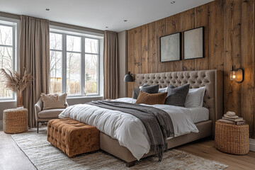 Luxurious Master Bedroom With Wooden Wall Accents
